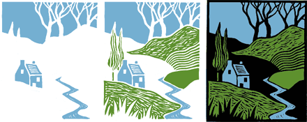 Lino-cut demonstrating the letterpress colour process